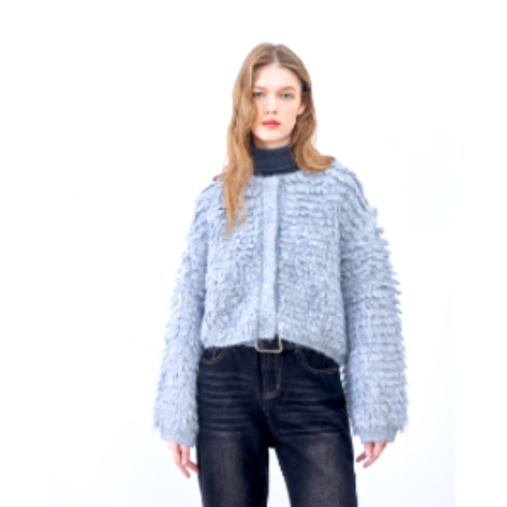 Ancosti Fuzzy Knit Cropped Cardigan | Gray, Textured Sweater, Size M